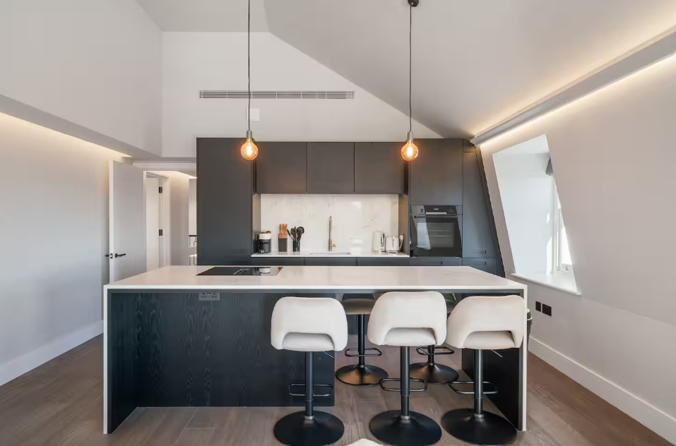 Modern kitchen island with pendant lights and bar stools