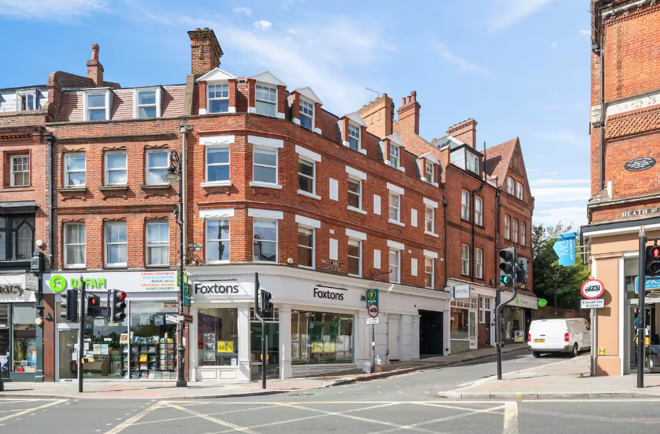 Red brick Victorian buildings on a Hampstead high street